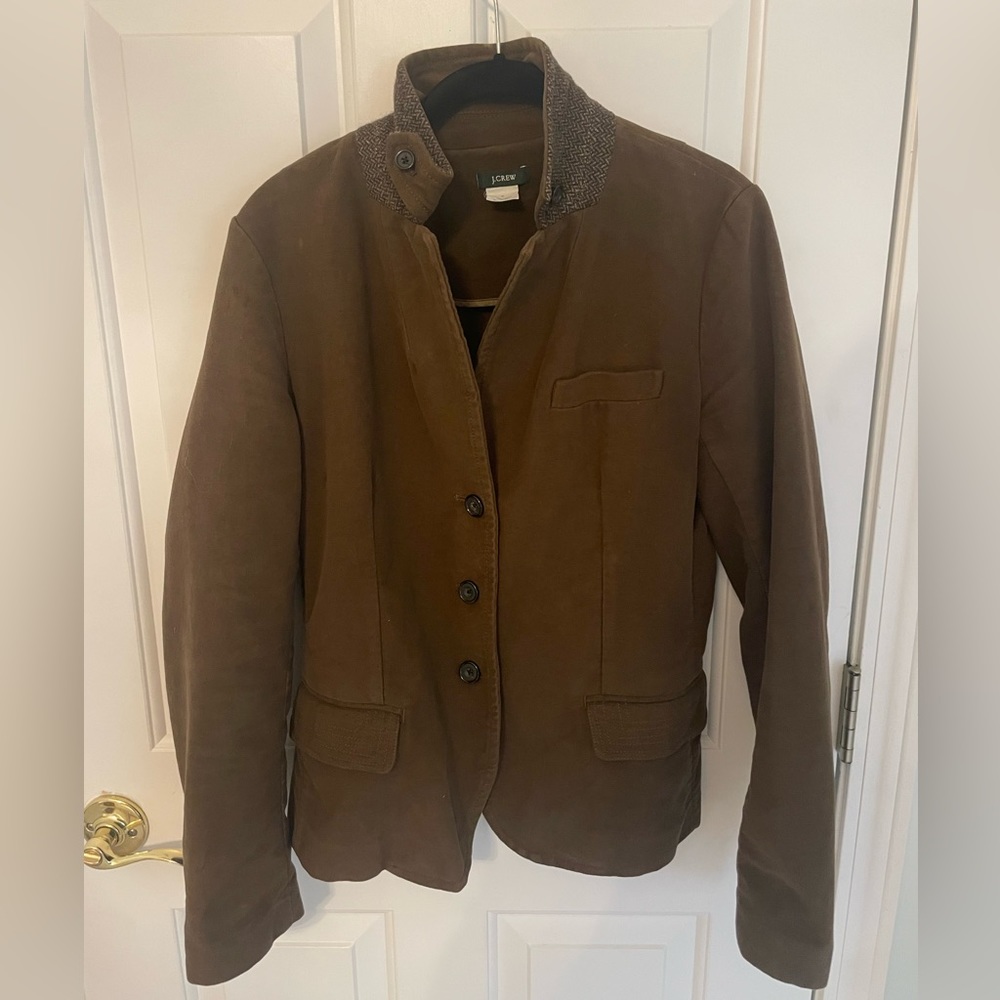 J.Crew brown velvet-like blazer with herringbone trim on collar; Size Medium